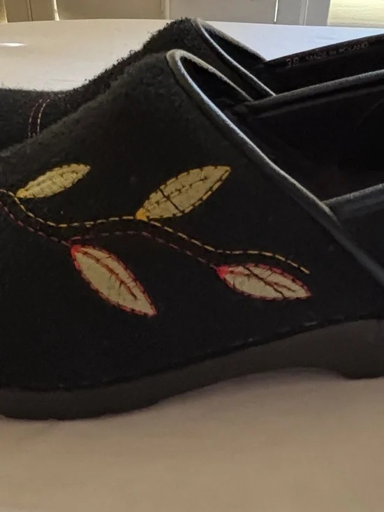 Dansko Black Wool Clogs with Yellow and Red Leaf Stitching - Picture 4 of 8